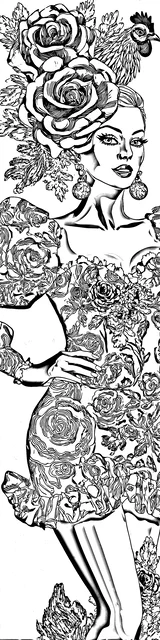 Free colorable bookmarks of a woman standing with hand on hip in a dress